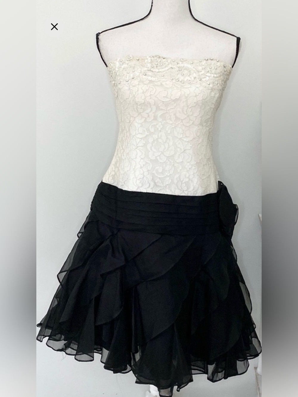 Vintage Tadashi Formal Black & White Sleeveless Embellished Lace & Tulle Dress